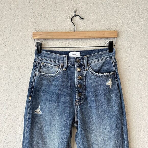 PISTOLA Charlie Exposed Button Fly Jeans Straight Crop Distressed - Picture 3 of 15